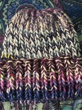 Hand-Knit scrap Beanie - Multicolor Purple and Cream